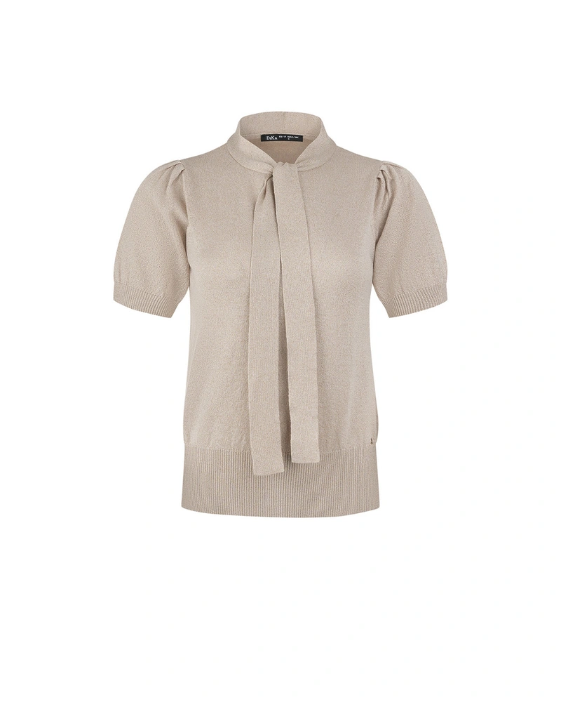 Top bej închis tricotat cu panglică la gât | Tricotaje