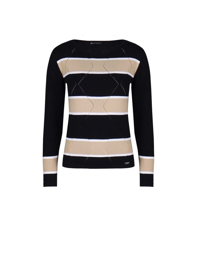 მუქი ლურჯი ბამბის სვიტერი ფართო ზოლებით | სვიტრები