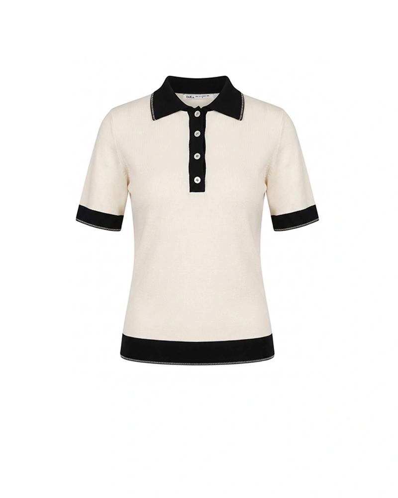 Black-and-white polo blouse with contrasting collar and trim | Casual collection