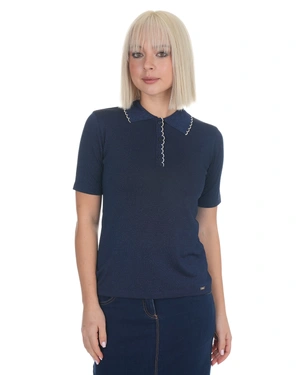 Dark blue fine knit blouse with a collar | Knitwear - 2