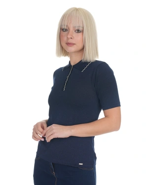 Dark blue fine knit blouse with a collar | Knitwear - 3