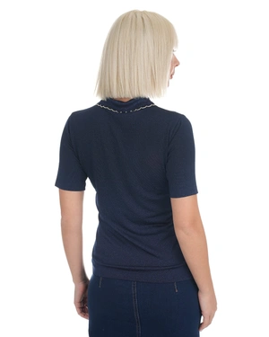 Dark blue fine knit blouse with a collar | Knitwear - 4