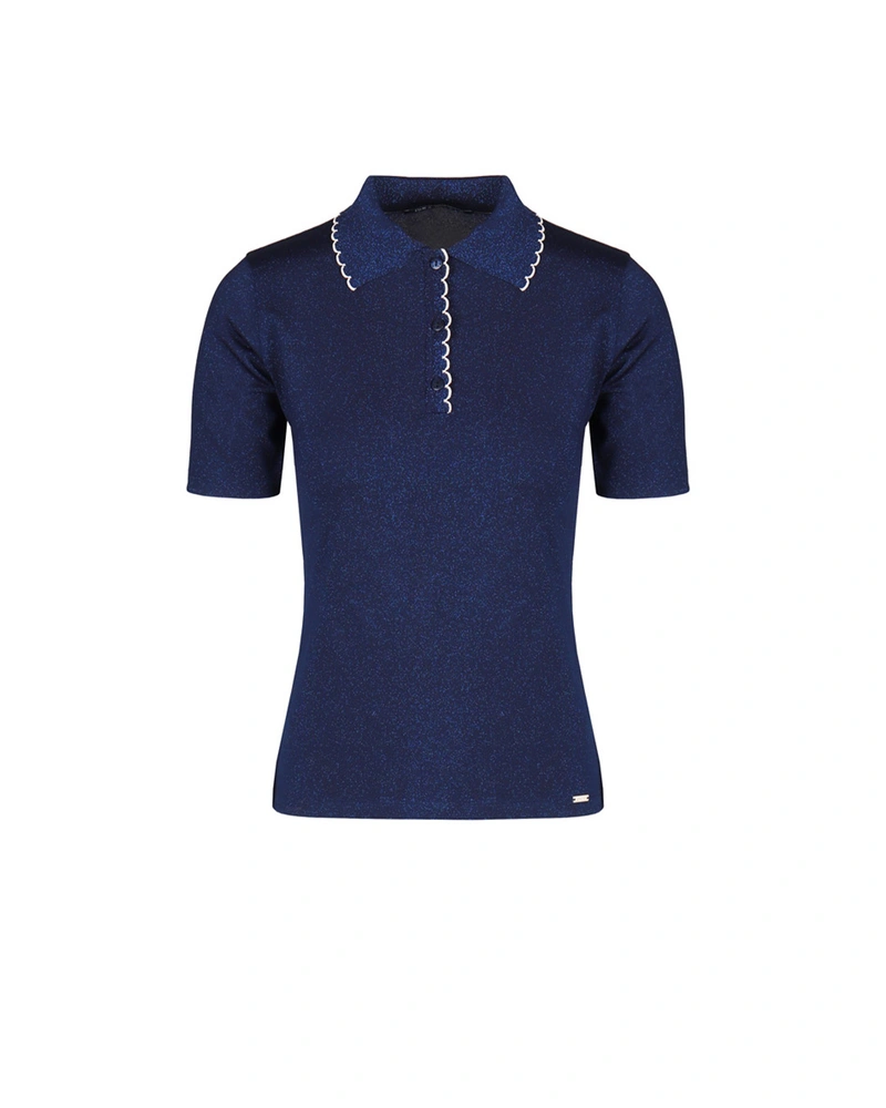 Dark blue fine knit blouse with a collar | Knitwear