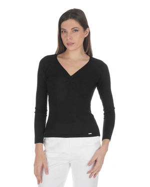 Трикотажен топ в черно, с V-деколте с набор и лурексов блясък | Пуловери | Dika.bg - 1 Трикотажен топ в черно, с V-деколте с набор и лурексов блясък | Пуловери - 1