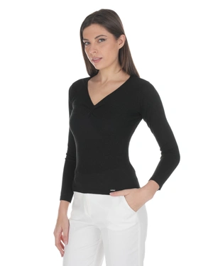 Трикотажен топ в черно, с V-деколте с набор и лурексов блясък | Пуловери | Dika.bg - 2 Трикотажен топ в черно, с V-деколте с набор и лурексов блясък | Пуловери - 2