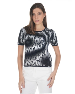 Spring knit short-sleeve top in dark blue and beige | Casual - 1