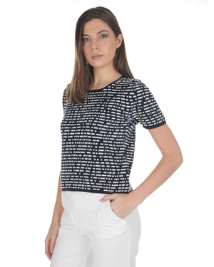 Spring knit short-sleeve top in dark blue and beige | Casual - 2