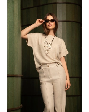 Knitted short sleeve top from cotton and linen in neutral light tone | Knitwear - 1