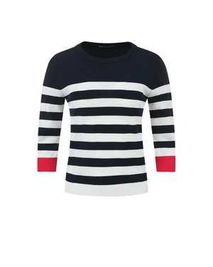 Elegant dark blue nautical striped top with a red accent | Sweathers - 1