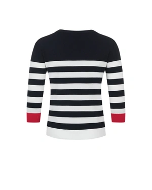 Elegant dark blue nautical striped top with a red accent | Sweathers - 2
