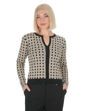 Top tricotat negru cu motiv decorativ jacquard bej | Pulovere - 1