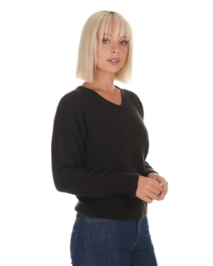 Brown seamless wool sweater with a V-neck | Pullovers - 2