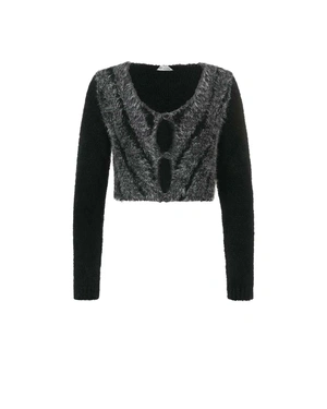 ელეგანტური ქალის კარდიგანი ფუმფულა დეტალებითა და ღილებით | ახალი