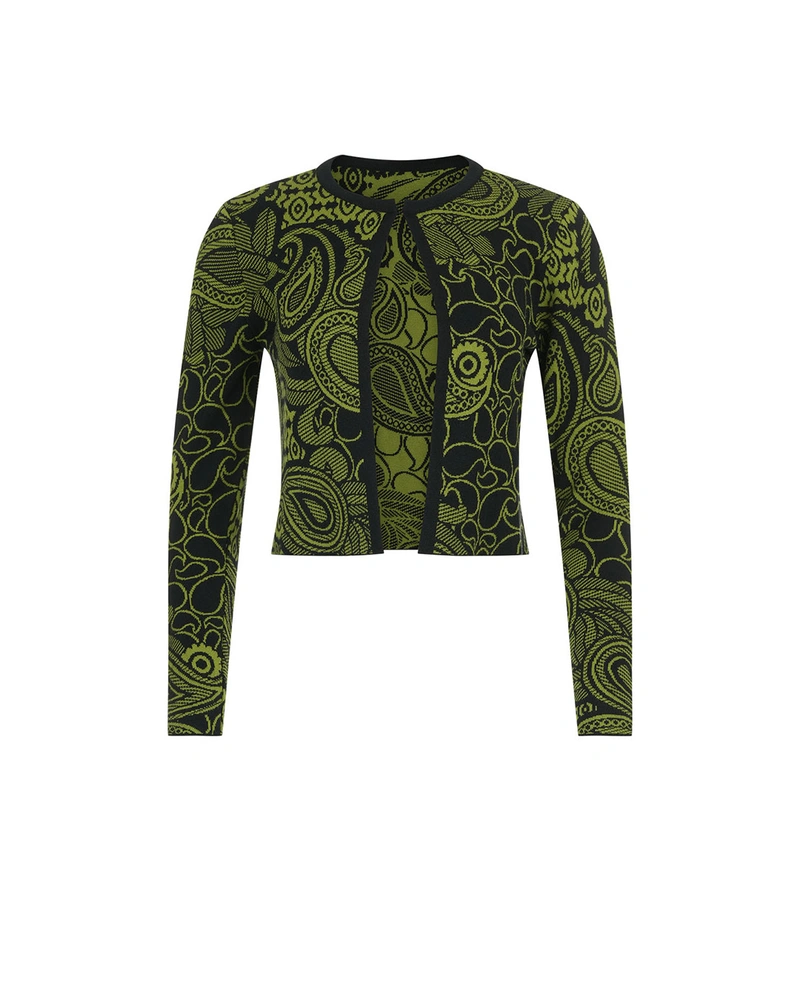 Вталена жакардова crop жилетка в черно и зелено | Жилетки | Dika.bg Вталена жакардова crop жилетка в черно и зелено | Жилетки