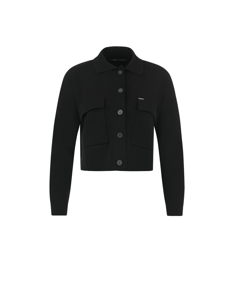 Cardigan negru din viscoză, cu guler și buzunare frontale | Tricotaje | Dikastore.ro Cardigan negru din viscoză, cu guler și buzunare frontale | Tricotaje