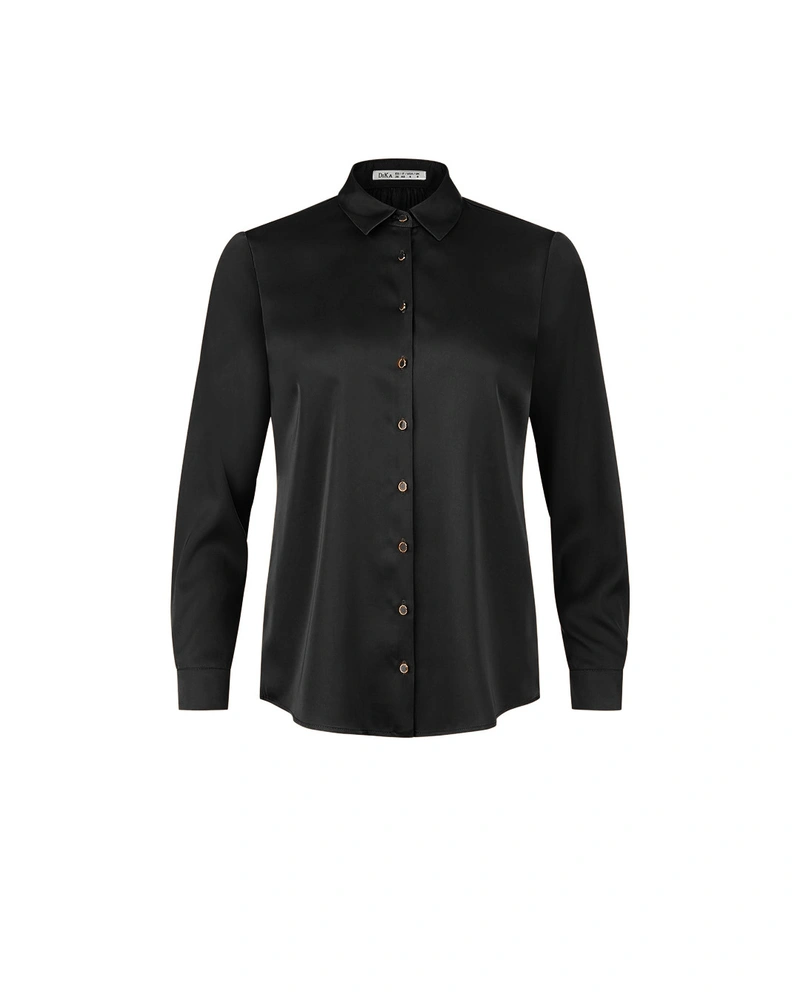 Черна сатенена дамска риза с класическа кройка | НОВО | Dika.bg Черна сатенена дамска риза с класическа кройка | НОВО