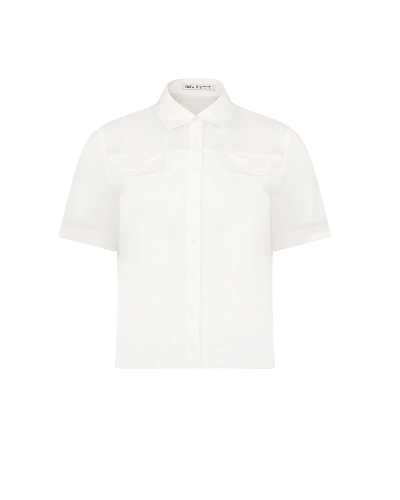Cropped white shirt with short sleeves, classic button closure, and flap pockets | Blouses and Shirts