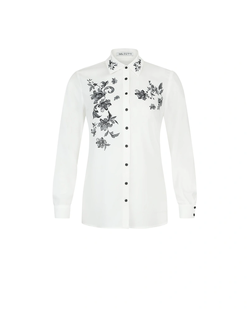 White mousseline shirt with black floral print detail | Shirts