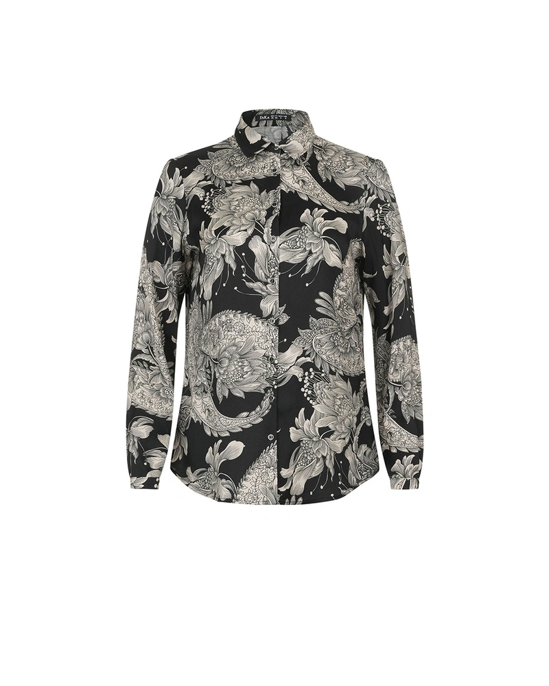 Grey-black classic shirt with paisley motif | Blouses