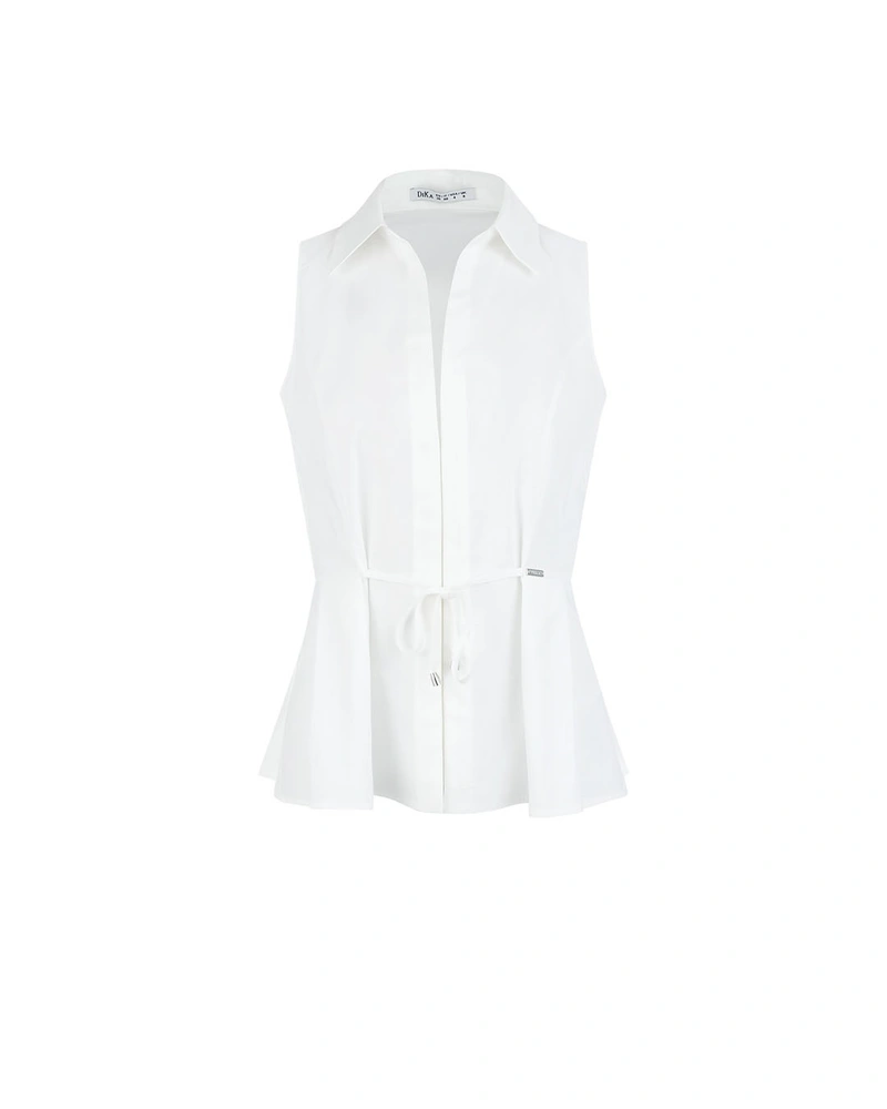 თეთრი ბამბის უსახელო პერანგი გამოკვეთილი წელით | ახალი