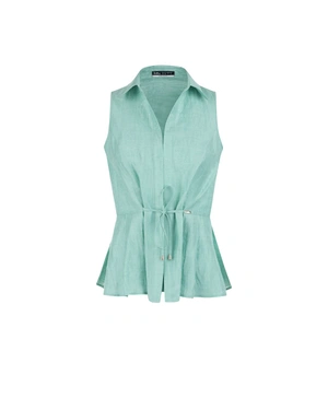 Ментово зелена ленена риза без ръкав с текстилна връзка на талията и фино закопчаване | НОВО | Dika.bg Ментово зелена ленена риза без ръкав с текстилна връзка на талията и фино закопчаване | НОВО