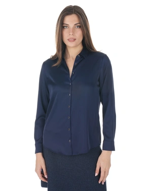 Navy blue cotton shirt with a classic silhouette | Blouses - 1