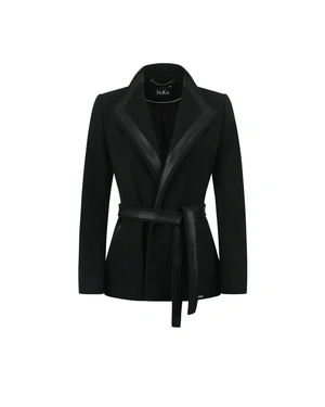 Short black wool coat with leather details | Outerwear | Dika.ge Short black wool coat with leather details | Outerwear