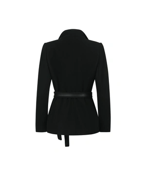 Short black wool coat with leather details | Outerwear | Dika.ge - 1 Short black wool coat with leather details | Outerwear - 1
