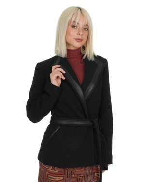 Short black wool coat with leather details | Outerwear | Dika.ge - 3 Short black wool coat with leather details | Outerwear - 3