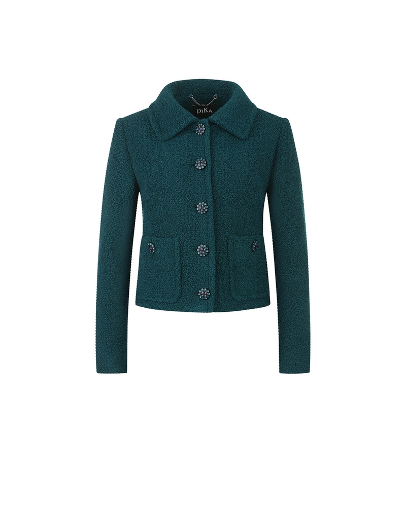 Dark green short single-breasted bouclé coat with wool blend | Outerwear