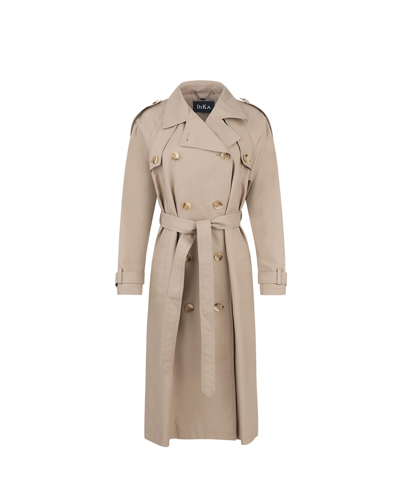 Trench lung din bumbac, de culoare bej, cu curea și închidere cu două rânduri de nasturi | NOUTATI