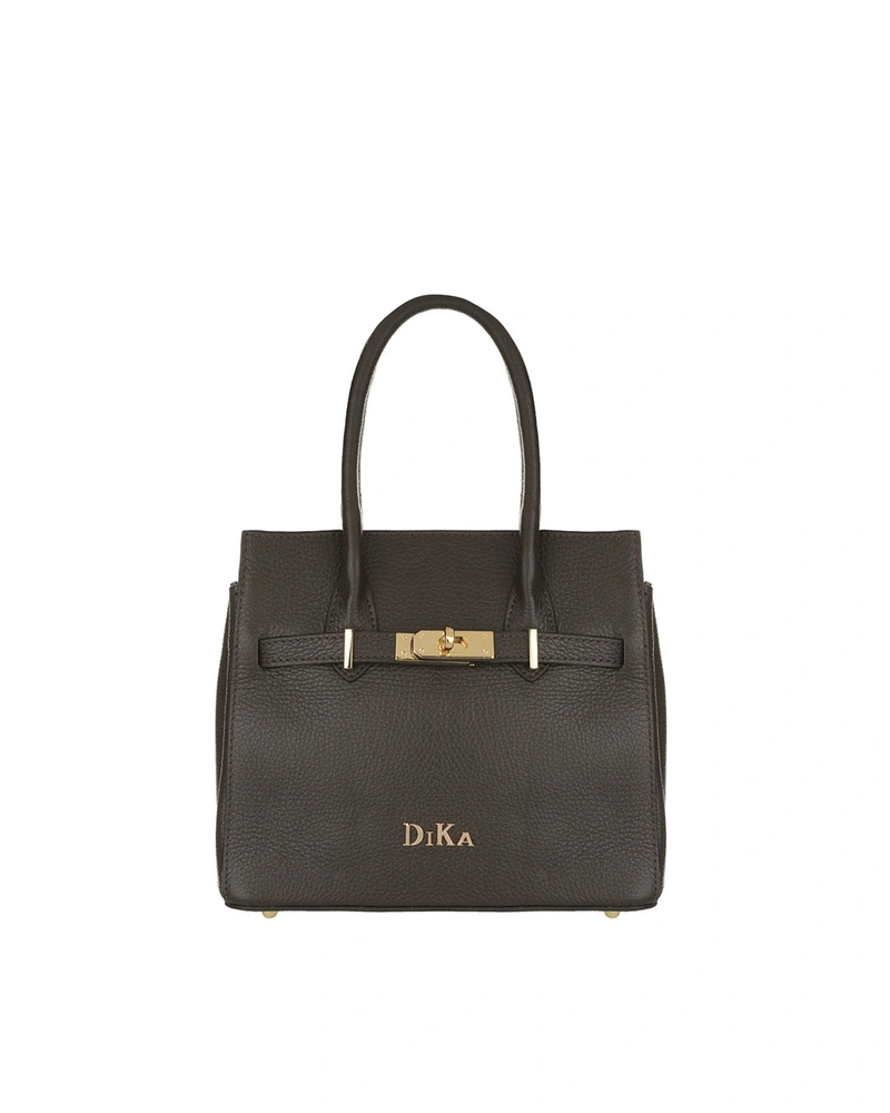 Structured leather bag with stylish fastening and two handles, in dark brown | Bags