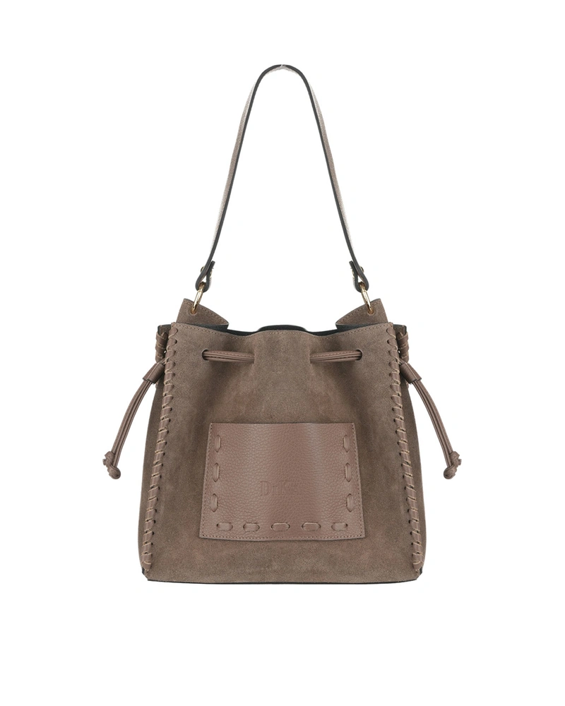 Grey-beige suede and leather bucket bag | Leather