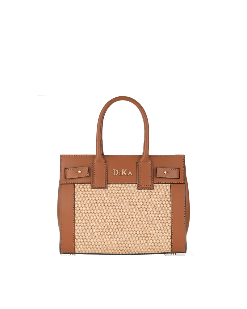 Chocolate brown leather bag with raffia detail | Leather