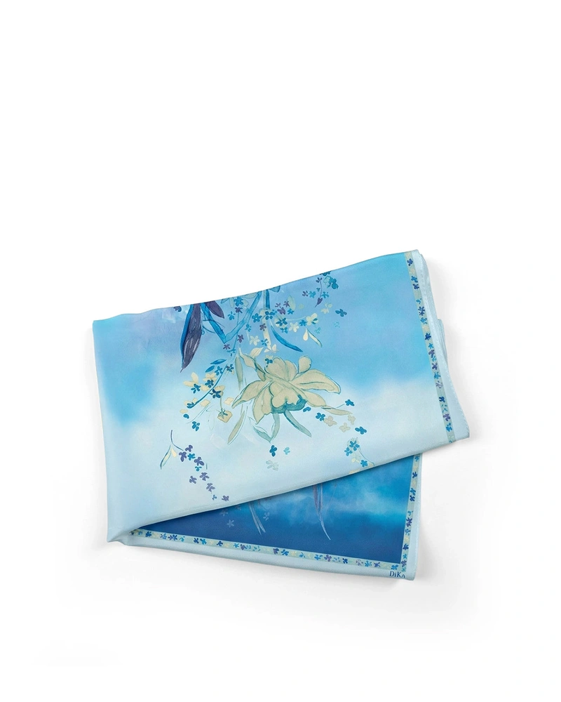 Продълговат шифонен шал с цветя в синята гама | Шалове