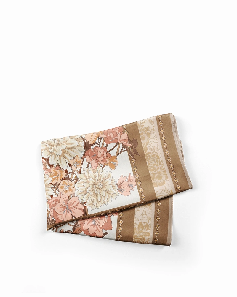 Elegant women's 100% silk scarf in beige and brown | Scarfs | Dika.bg Elegant women's 100% silk scarf in beige and brown | Scarfs