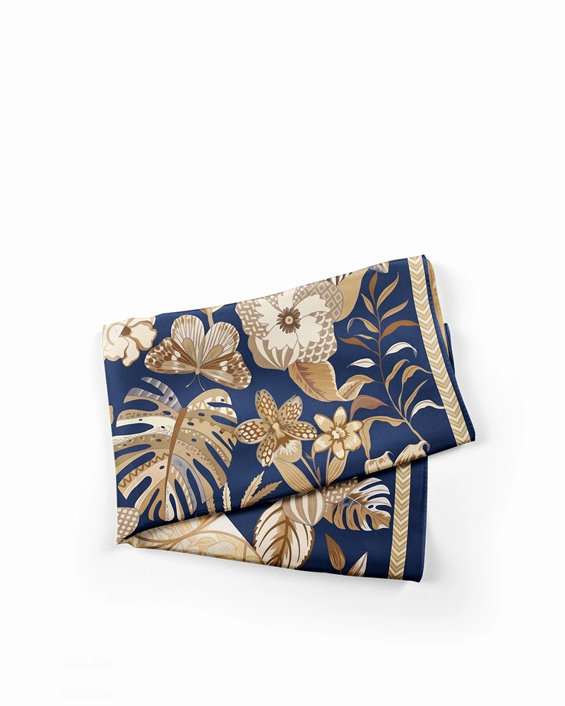 Elegant women's 100% silk scarf in navy blue and beige-yellow | Scarfs | Dika.bg Elegant women's 100% silk scarf in navy blue and beige-yellow | Scarfs
