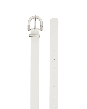 თეთრი ნატურალური ტყავის ქამარი თეთრი და ვერცხლისფერი ბალთით. | ქამრები