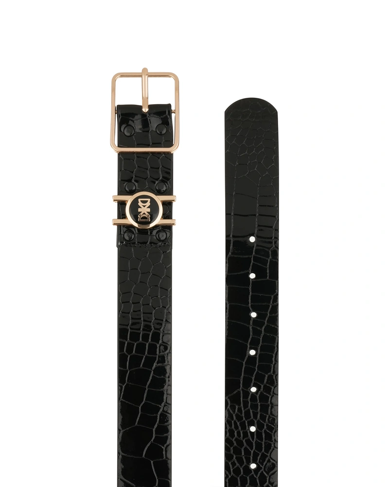 Black patent leather belt with square buckle and loop with stylized logo in black and gold | Belts
