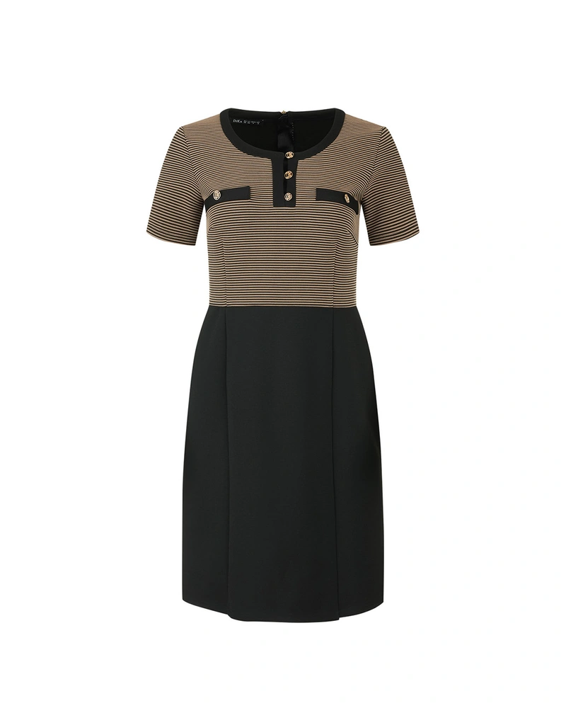 Beige and black contrast dress with short sleeves | Dresses and Jumpsuits