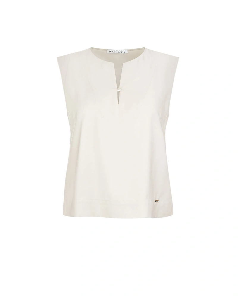 Beige blouse in viscose and rayon, with V-neck opening and button | Blouses