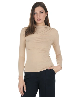 Beige blouse with a draped neckline | T-shirts - 1