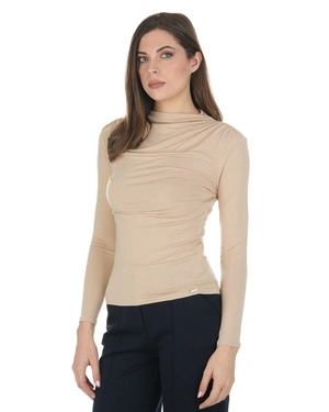 Beige blouse with a draped neckline | T-shirts - 2