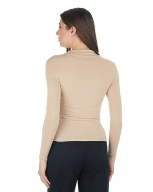 Beige blouse with a draped neckline | T-shirts - 3
