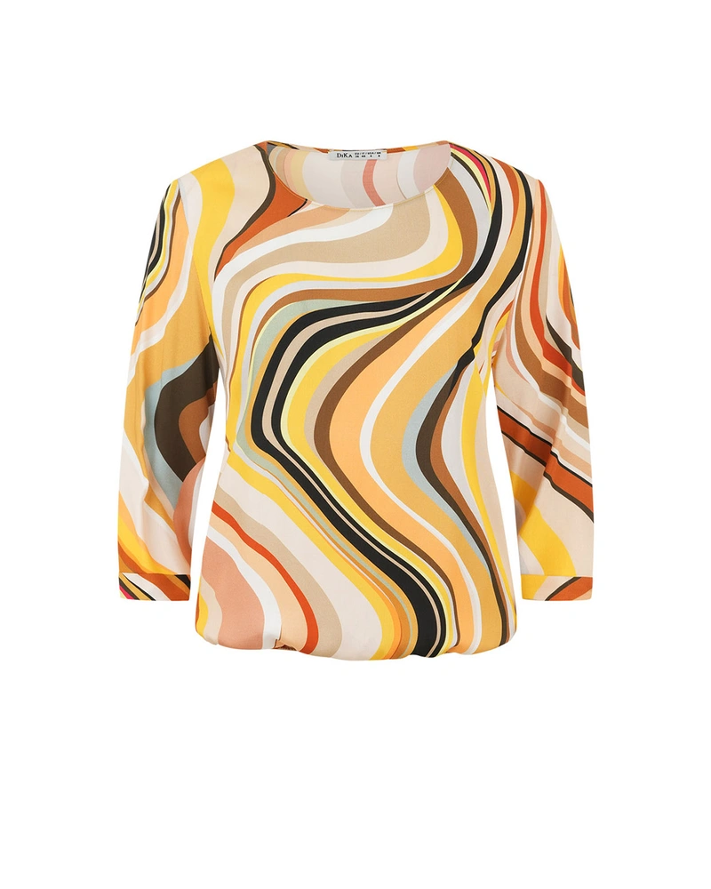 Beige-brown viscose blouse with 7/8 sleeves and round neckline, featuring a stylized pattern | Blouses