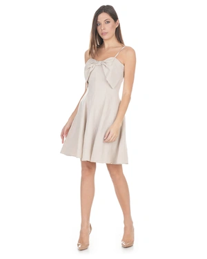 Beige dress with straps and bow at the neckline, made of linen and viscose | Dresses - 1
