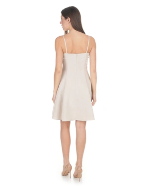 Beige dress with straps and bow at the neckline, made of linen and viscose | Dresses - 2