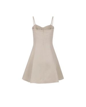 Beige dress with straps and bow at the neckline, made of linen and viscose | Dresses - 3