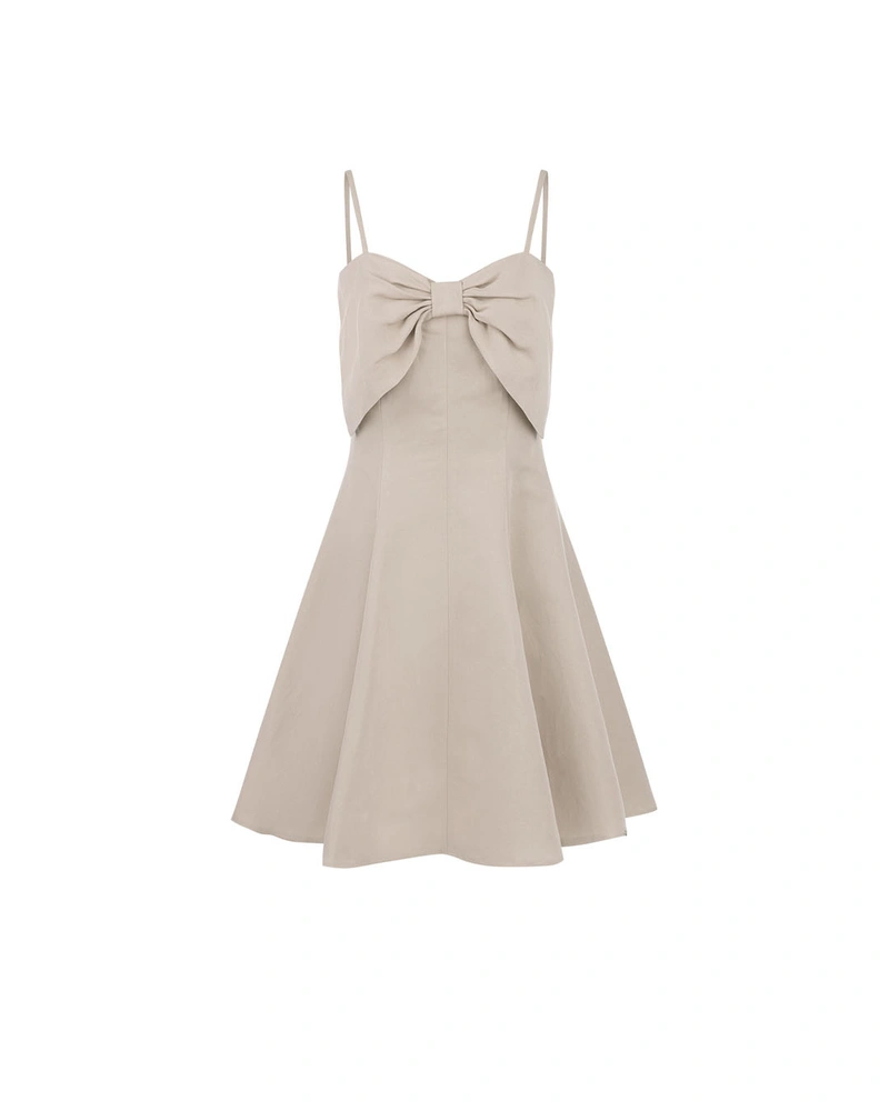 Beige dress with straps and bow at the neckline, made of linen and viscose | Dresses