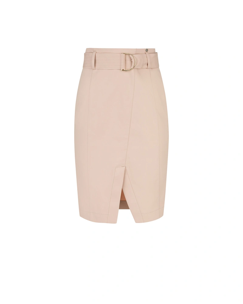 Beige pencil skirt with a belt and a front slit | Skirts and Shorts